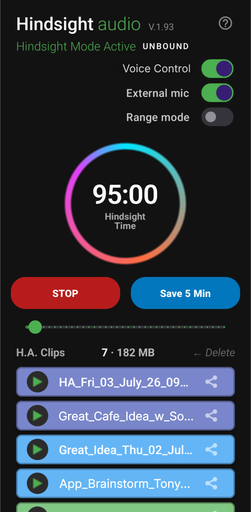 Hindsight Audio active buffer screen with slider save controls