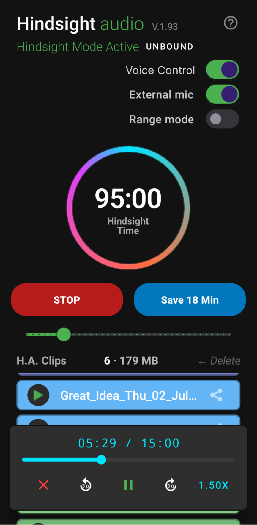 Hindsight Audio saved clip mini player with playback controls